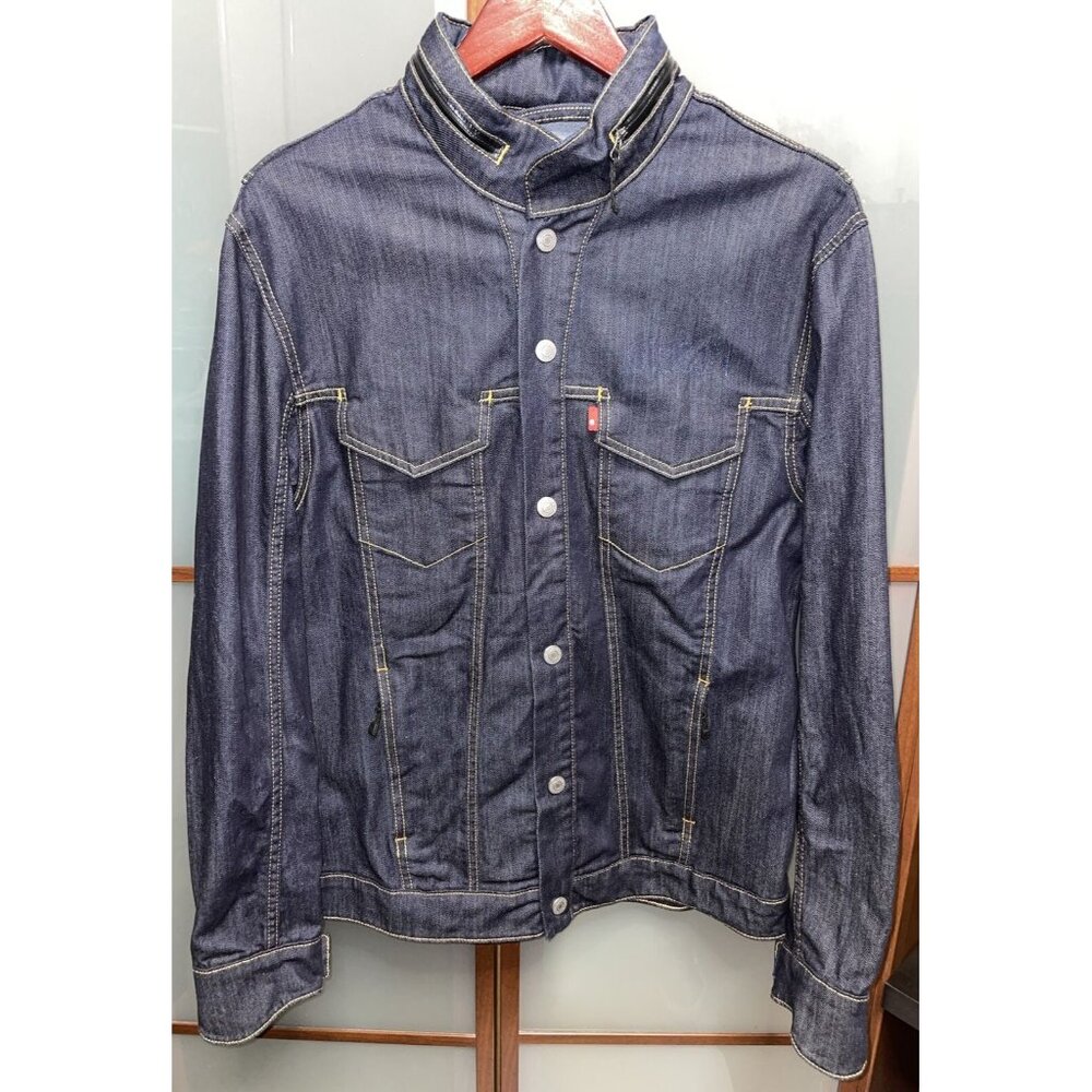 Levis Commuter Button Up Blue Denim Jean Jacket Vented w/ Stowable Hood Size L